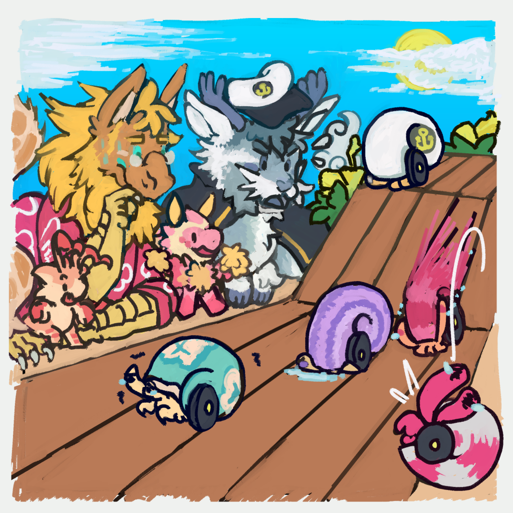 Painting of a few creatures hosting a hermit crab race gone wrong. Made for the Ranebopets ARPG’s Sunnyfest 2020 event.